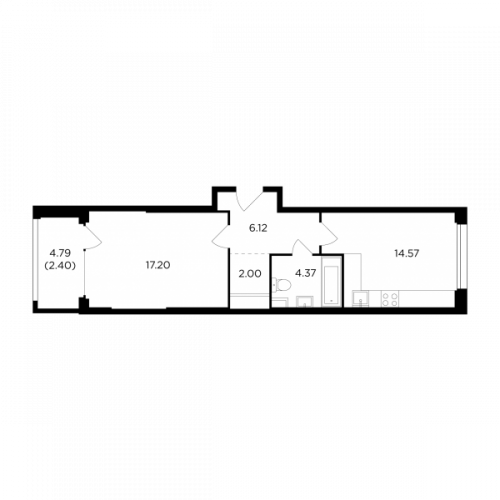 1-комнатная, 46.64 м²