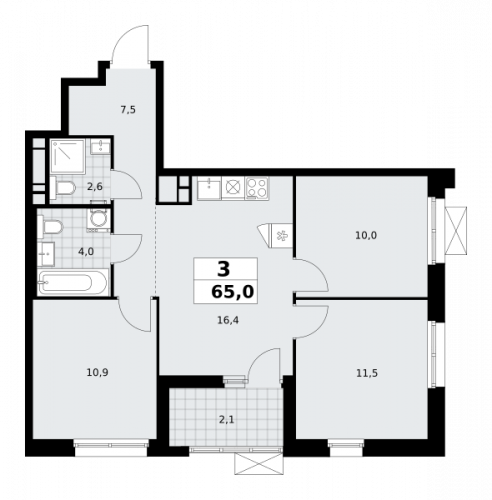 3-комнатная, 65 м²
