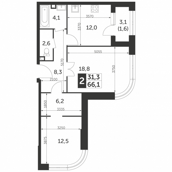 2 комнаты до 66.1