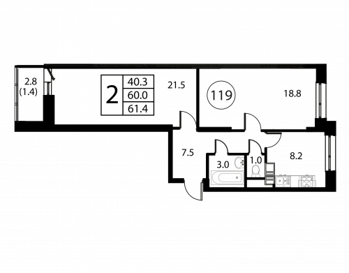 2-комнатная, квартира, 61.4 м²