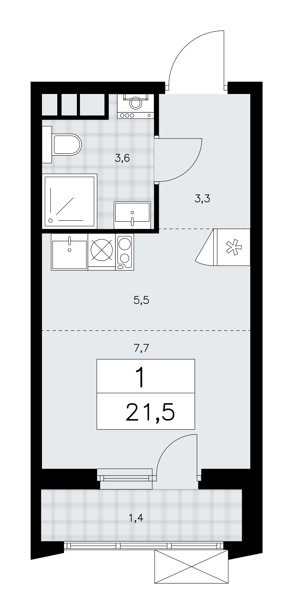 1-комнатная квартира №58К-11.1.2-268, 21,5 м² за 9,10 млн руб. в ЖК «Прокшино» - планировка