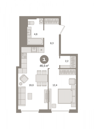 1-комнатная, квартира, 46.53 м²