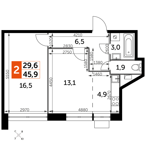2-комнатная, 45.9 м²