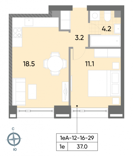 1-комнатная, квартира, 37 м²