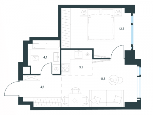 2-комнатная, 35.8 м²