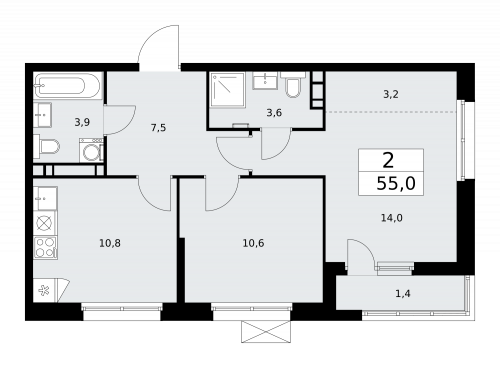 2-комнатная, 55 м²