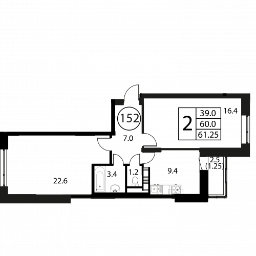 2-комнатная, квартира, 61.25 м²