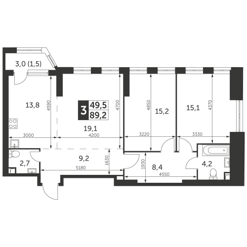 3-комнатная, квартира, 89.2 м²