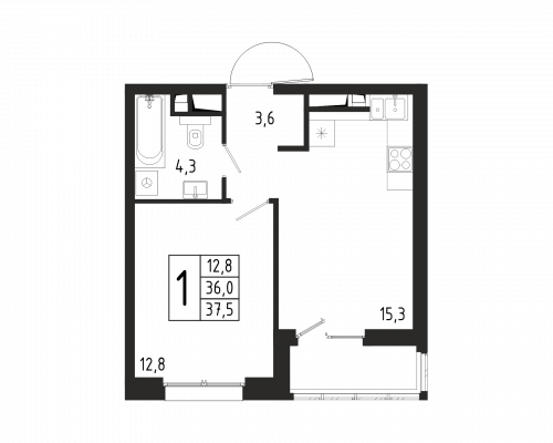1-комнатная, квартира, 37.5 м²