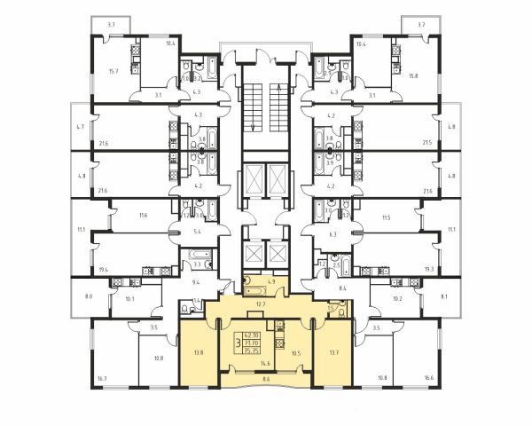 3-комнатная, квартира, 71.7 м²