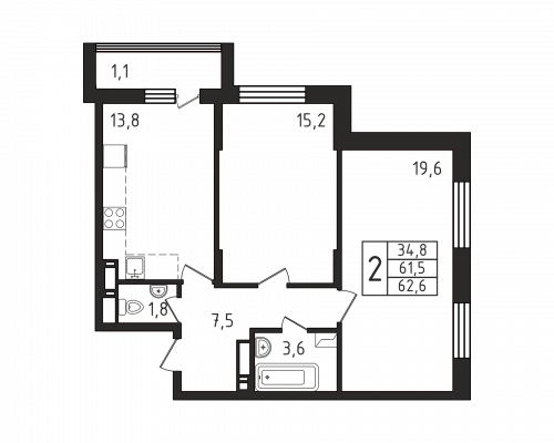 2-комнатная, квартира, 62.6 м²