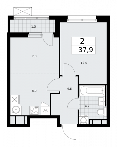 2-комнатная, 37.9 м²
