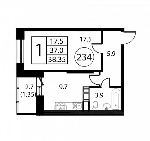 1-комнатная, квартира, 38.35 м²