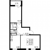 2-комнатная квартира 55,67 м²