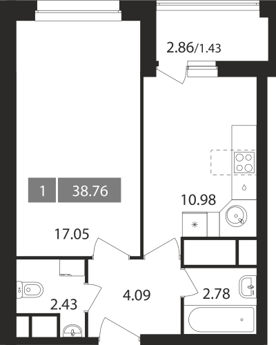 1-комнатная, квартира, 38.76 м²