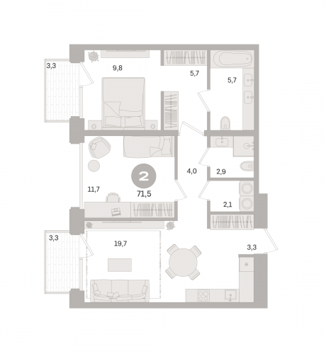2-комнатная, квартира, 71.5 м²