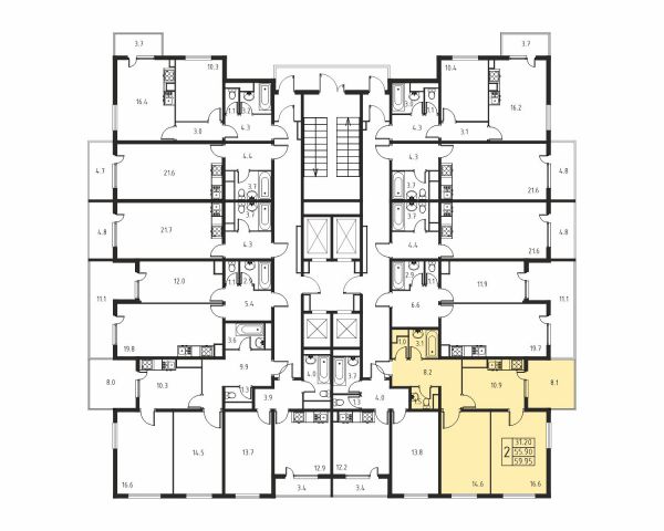 2-комнатная, квартира, 55.9 м²