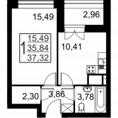 1-комнатная квартира 37.32 м²