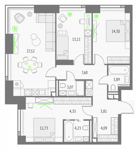 3-комнатная, квартира, 98.28 м²