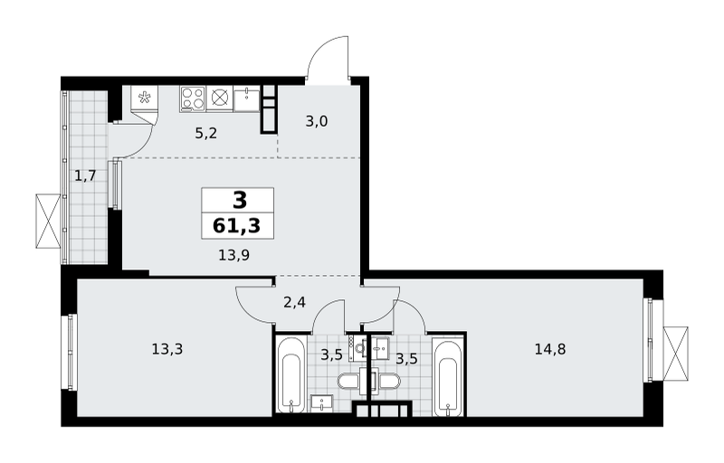 3-комнатная квартира №58К-7.1.1-90, 61,3 м² за 16,77 млн руб. в ЖК «Прокшино» - планировка