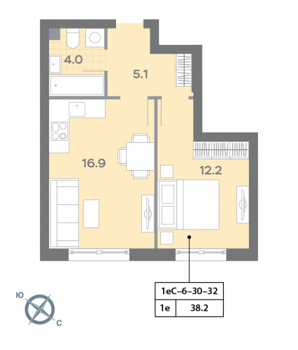 1-комнатная, квартира, 38.1 м²