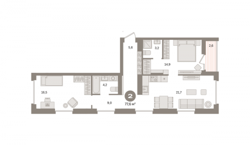 2-комнатная, квартира, 77.42 м²