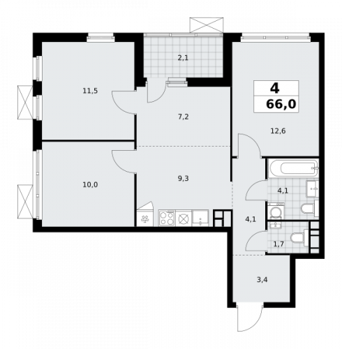 Многокомнатная, 66 м²