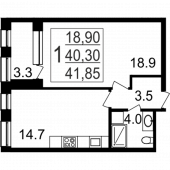 1-комнатная квартира 42,75 м²