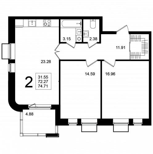 2-комнатная, квартира, 74.71 м²