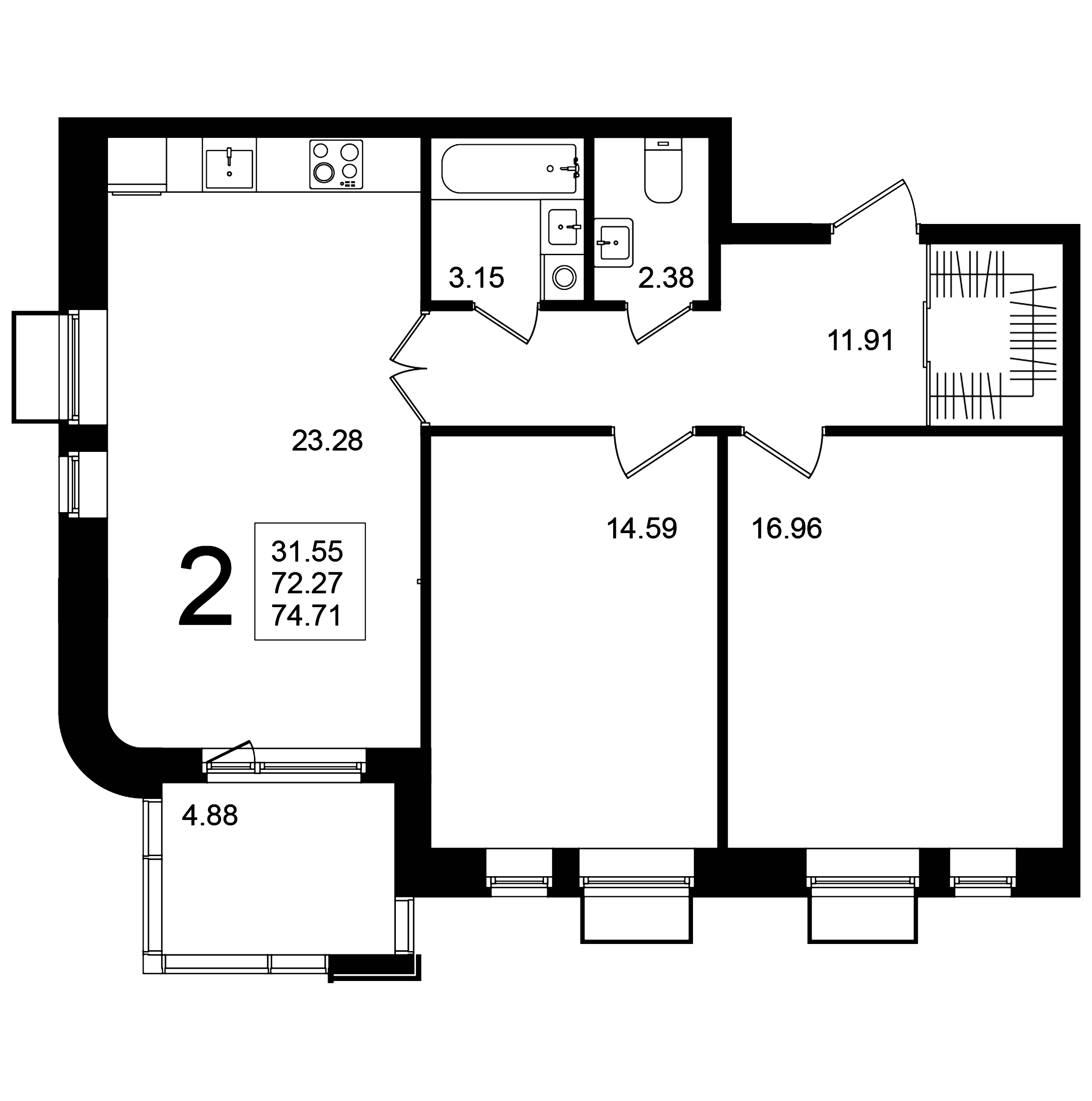 2-комнатная квартира №17, 74,7 м² за 13,76 млн руб. в ЖК «Мишино - 2» - планировка