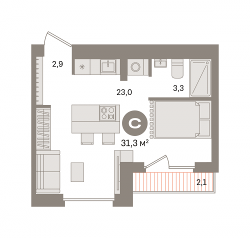 Студия, 31.33 м²