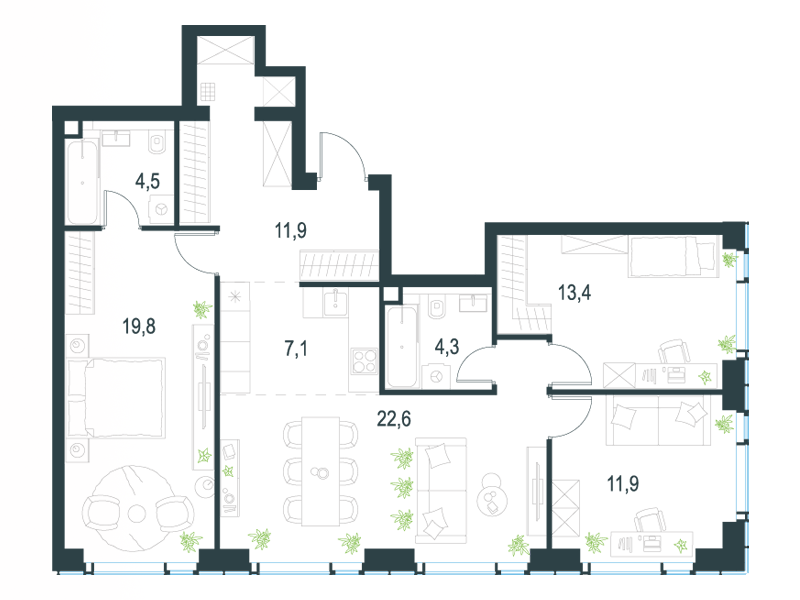 4-комнатные апартаменты №112, 95,5 м² за 46,70 млн руб. в ЖК «Level Мичуринский» - планировка