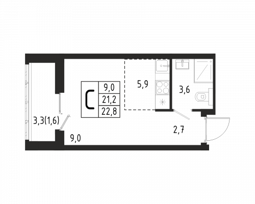 Студия, 22.8 м²
