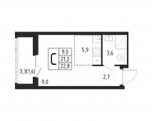 1-комнатная квартира 22,8 м²