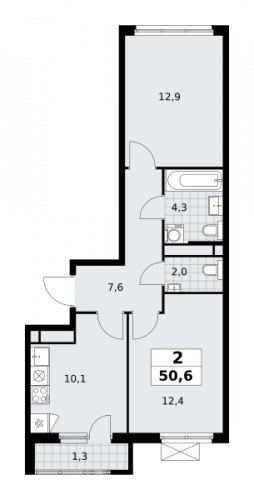 2-комнатная, 50.6 м²