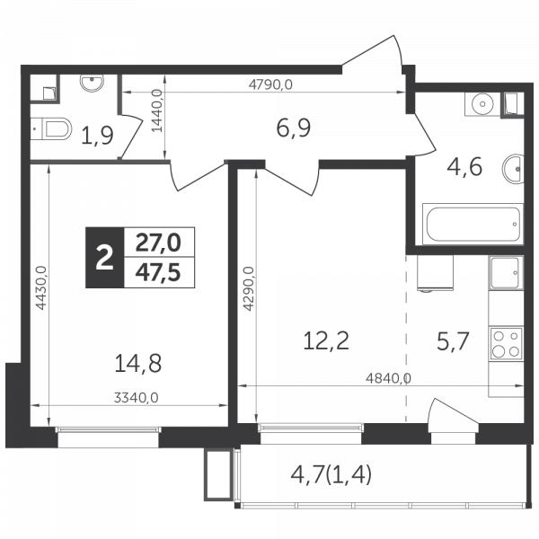 2 комнаты до 47.3