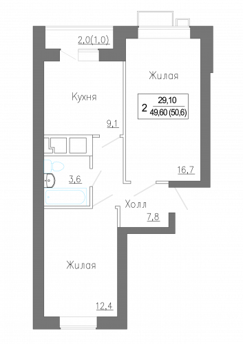 2-комнатная, квартира, 50.6 м²
