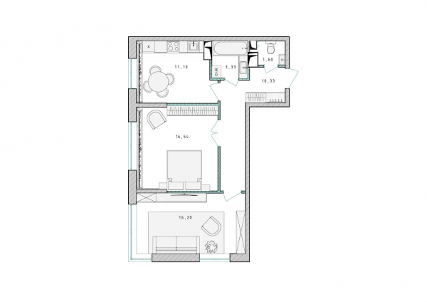 2-комнатная, квартира, 59 м²