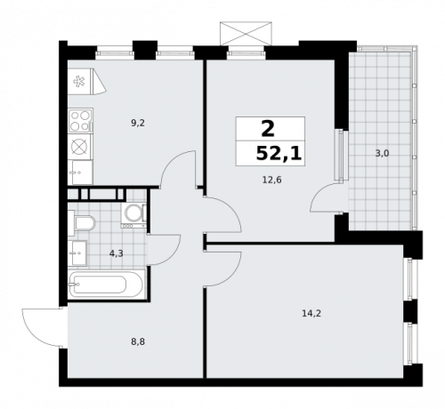 2-комнатная, 52.1 м²