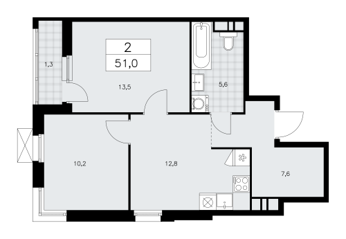 2-комнатная, 51 м²