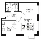 2-комнатная квартира 46,37 м²