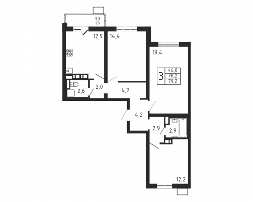3-комнатная, квартира, 79.2 м²