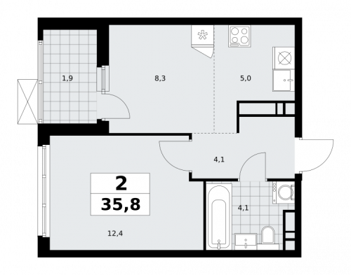 2-комнатная, 35.8 м²