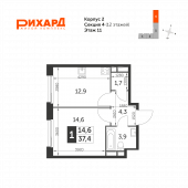 1-комнатная квартира 37,4 м²