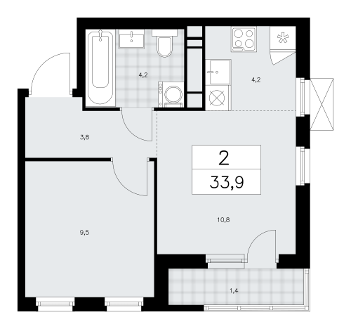 2-комнатная, 33.9 м²
