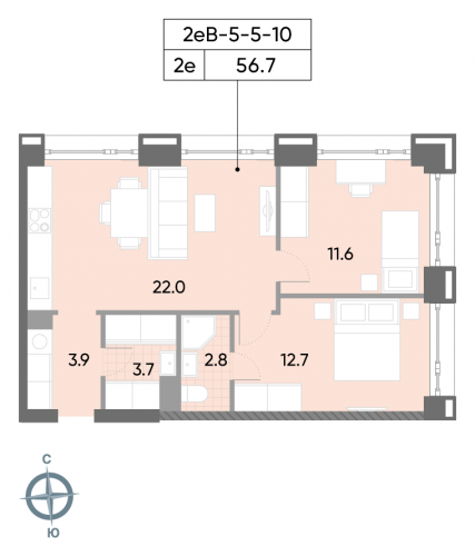2-комнатная, квартира, 56.7 м²