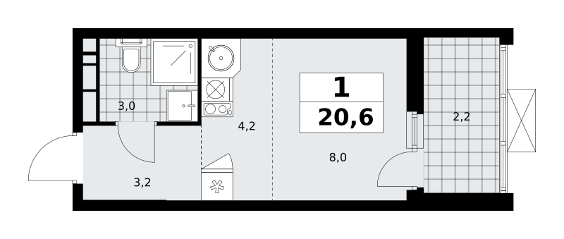 1-комнатная квартира №23К-18.2.3-387, 20,6 м² за 8,56 млн руб. в ЖК «Скандинавия» - планировка