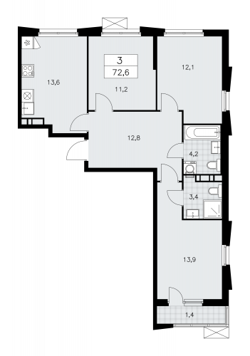 3-комнатная, 72.6 м²