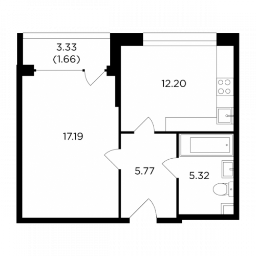 1-комнатная, 42.14 м²