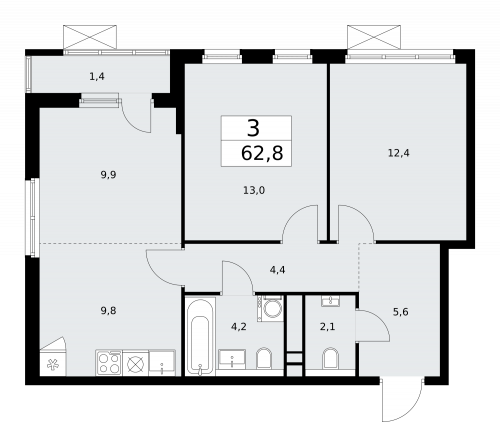 3-комнатная, 62.8 м²
